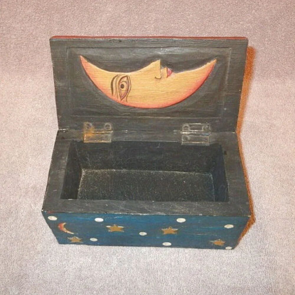 Vtg Celestial Moon & Sun Wood Stash Box 3D Astral Stars Cosmic Painted Lunar 70s